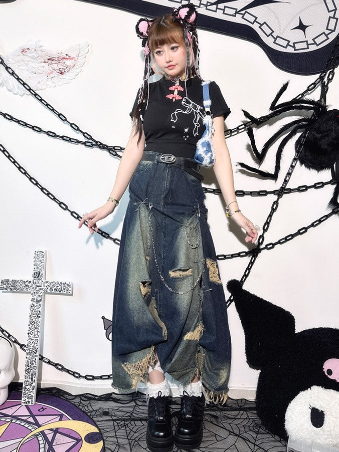 Accents Distressed Skirt Chain Maxi with Slit Blue Denim