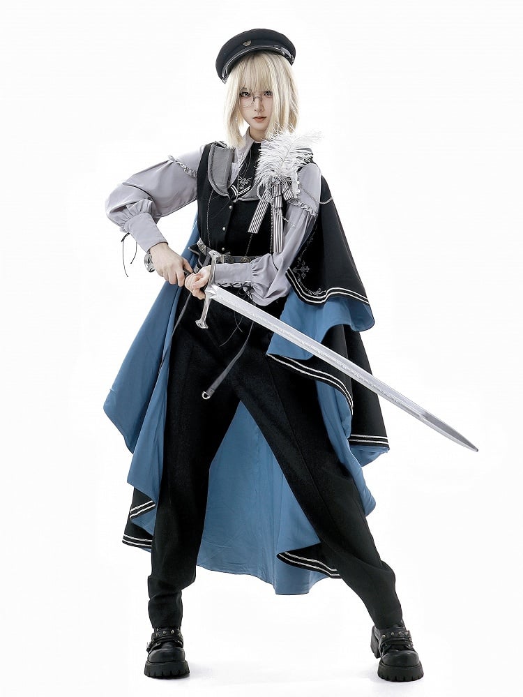 Militärweste, schwarze Hose, Ärmel, Hemd, grau + Lolita-Prinz-Outfit, lang, modisch, Ouji, Taille hoch und