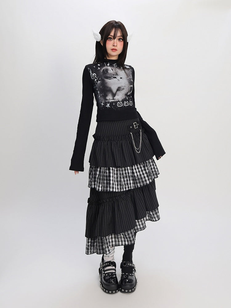 Asymmetrical Stripes Tiered Pattern Plaid Black Hem Skirt with and Y2K