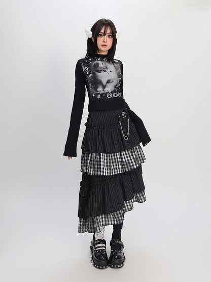 Asymmetrical Stripes Tiered Pattern Plaid Black Hem Skirt with and Y2K