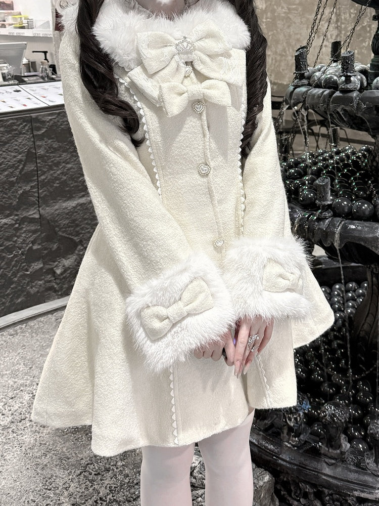Waist-Cinching Landmine Bow-Detailed Style Long Beige Cuffs Collar Coat Furry with