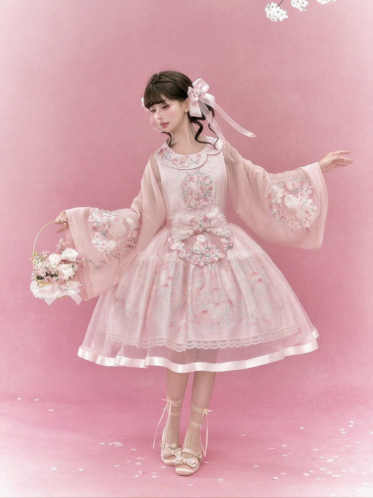 Chinoiserie Pink Lolita Bell-Sleeve Embroidery Top - Yimu Walnut