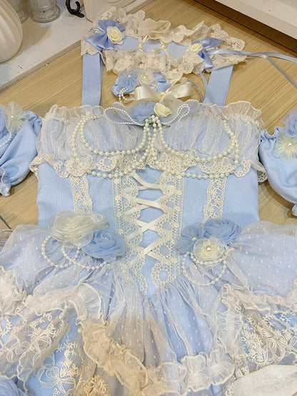 Hanayome Dress Fairy Jumper Tiered Skirt Hem Princess Blue Lolita Flower