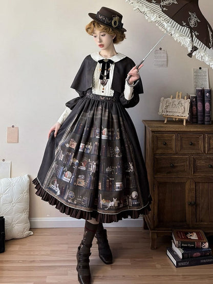 Dark Brown Bookshelf Print Long Sleeve Lolita Dress Cape - Miss Point