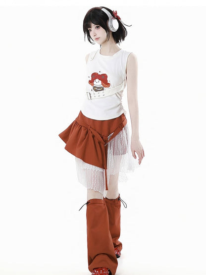 裾スカート オレンジ 伸縮性ウエスト レースパッチワーク アシンメトリー