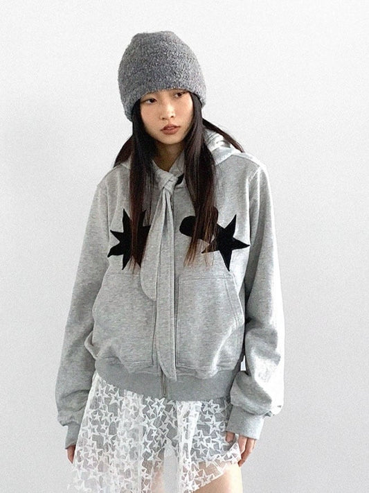 Star Heart Grey Jacket Hooded Patches with