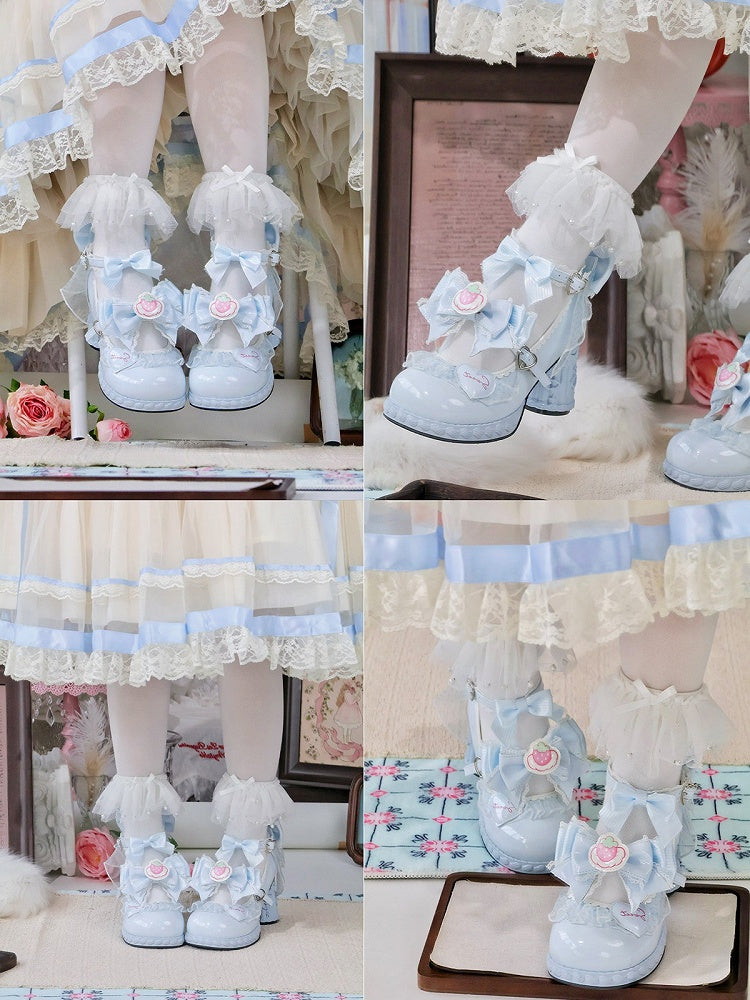 7.5CM Blue Kawaii Heart & Bowknot Decor Heels Lolita Shoes with Strawberry Print - Cute Bunny