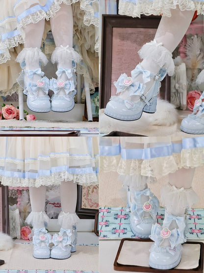 7.5CM Blue Kawaii Heart & Bowknot Decor Heels Lolita Shoes with Strawberry Print - Cute Bunny
