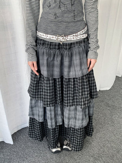Gray Skirt Patchwork Maxi Tiered Design Plaid with