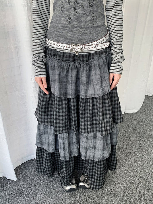 Gray Skirt Patchwork Maxi Tiered Design Plaid with