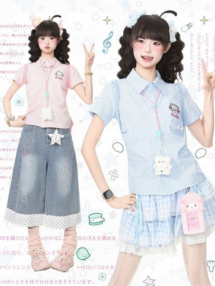 Pink Gingham Polo Short Sleeve Fitted Shirt Embroidery