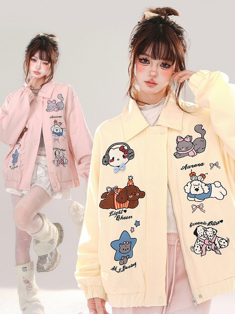 Pink/Apricot Cute Animal Zip Placket Baseball Jacket