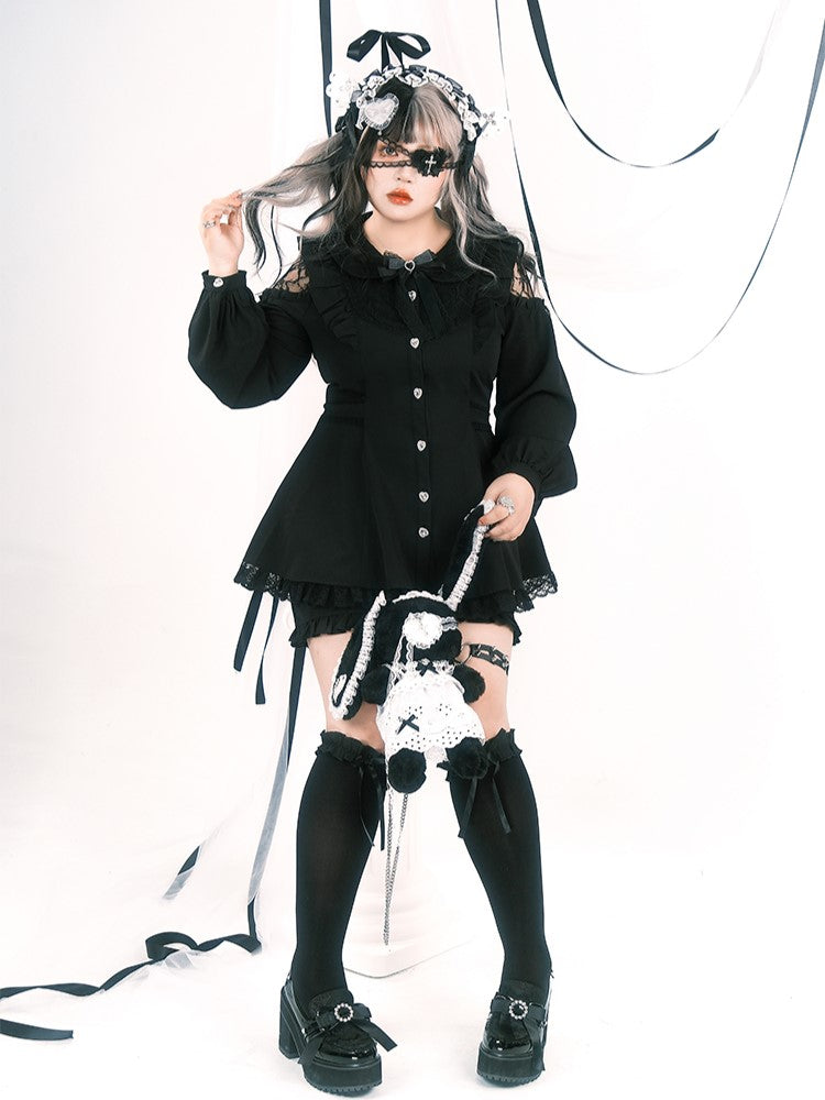 Set: Plus Elastic Open Black Waist Top Size Jirai Shoulder Shorts Kei