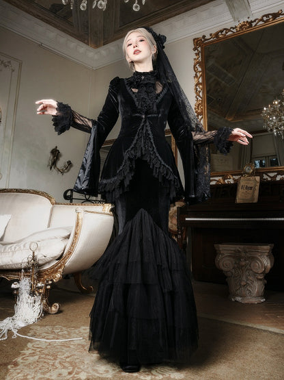 Black Embroidered Lace Blouse with Velvet V-Neck Coat and Layered Mermaid Skirt - DevilInspired Exclusive Collection