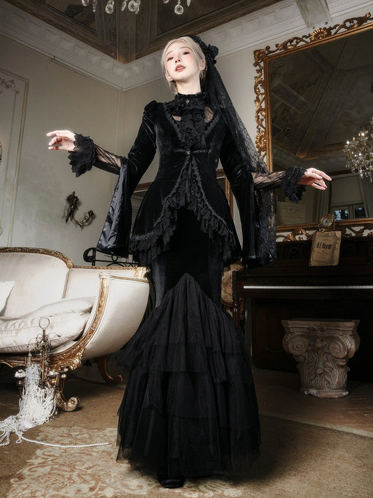 Black Embroidered Lace Blouse with Velvet V-Neck Coat and Layered Mermaid Skirt - DevilInspired Exclusive Collection
