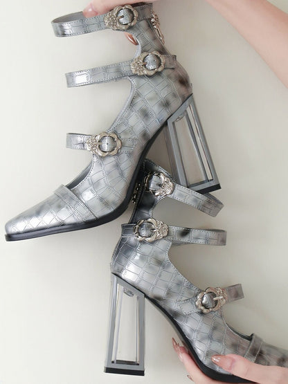Polished Silver Gothic Crocodile Buckle Straps High Block Heels