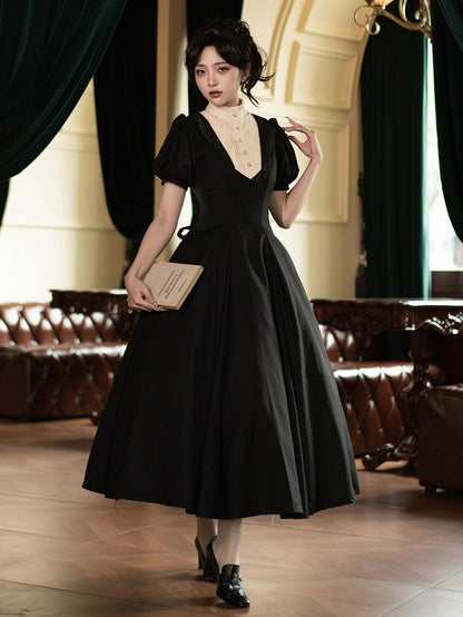 Elegant Neckline Beige Dress Waist One Piece Ruffle Sleeves Short Lolita Slim Black