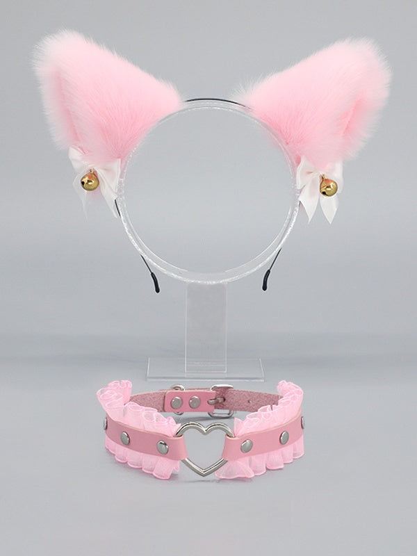 White KC Kitty Heart Black Decorated / Choker Ear Pink Set Bell Buckle Bowknot Plush +