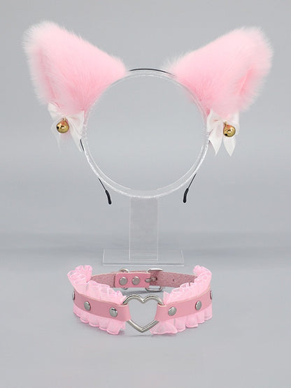 White KC Kitty Heart Black Decorated / Choker Ear Pink Set Bell Buckle Bowknot Plush +