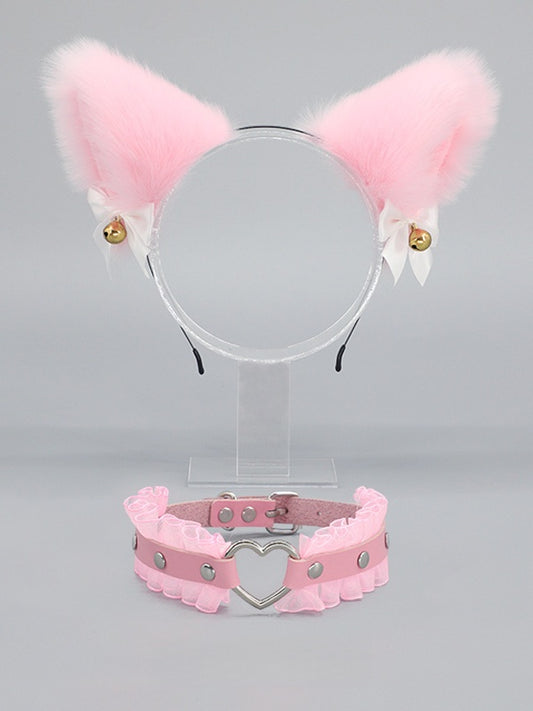 White KC Kitty Heart Black Decorated / Choker Ear Pink Set Bell Buckle Bowknot Plush +