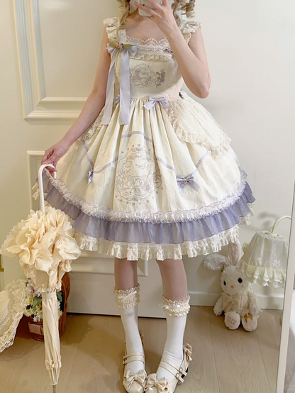 ハイテディウエストの蝶結びドレス ロリータ花柄生地と刺繍