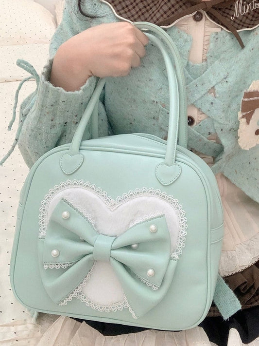 Beaded Sweet Heart Bag Lolita Green Decorated Hand Bowknot Plush