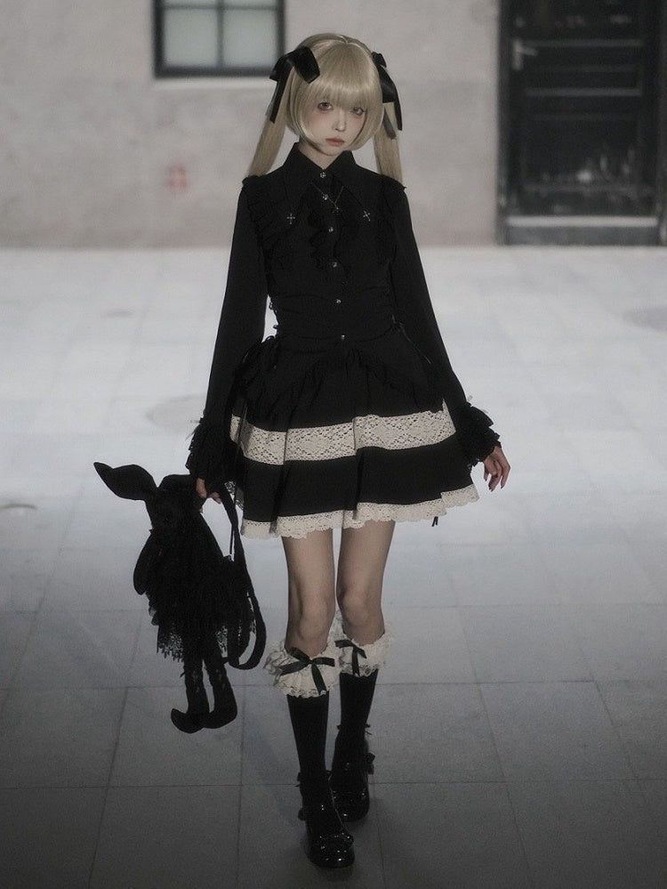 Black Lace-Trimmed Cross Charm Collar Ouji Blouse - With PUJI