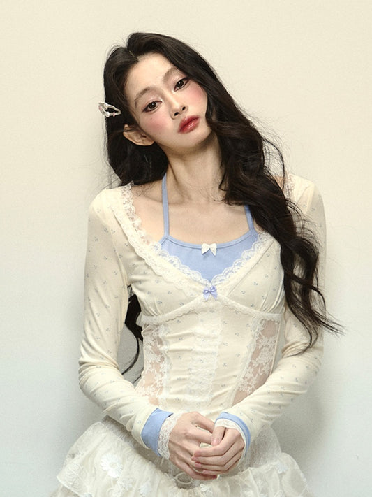 Aprikosenfarbenes Neckholder-Top mit Spitzenpatches an der Taille