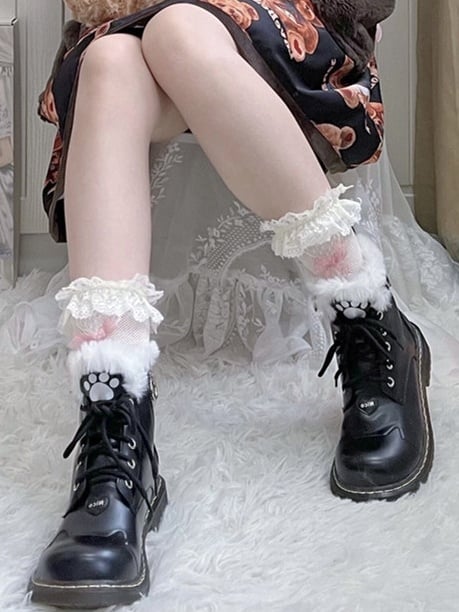 Schwarze Lolita Winter Martin Stiefel mit Katzenpfote und Herzschnalle