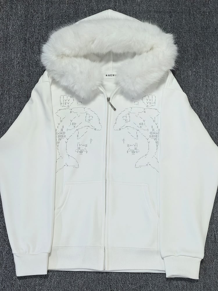 Zip Dolphin-Print White Landmine Hoodie Style Fur-Collar