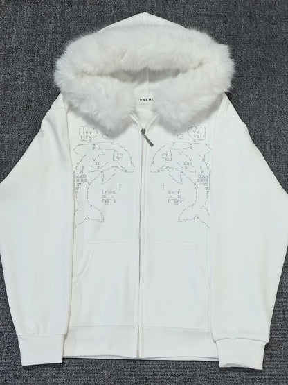 Zip Dolphin-Print White Landmine Hoodie Style Fur-Collar