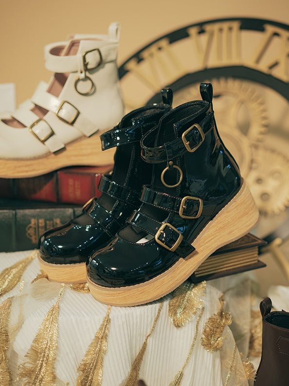 Straps Toe with Polished cm Ankle Sole Round Platform Black Buckle Vintage 3 Wedge Boots 3–5