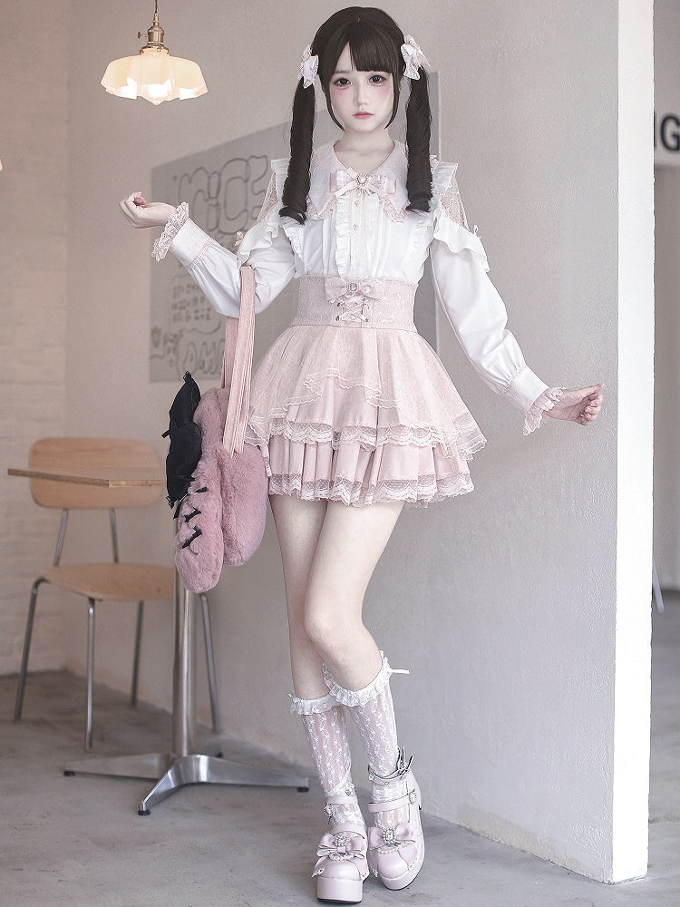 Jirai Cutouts Delicate with Blouse and Kei Sweetness White Pink Lace Flat Collar Pointed