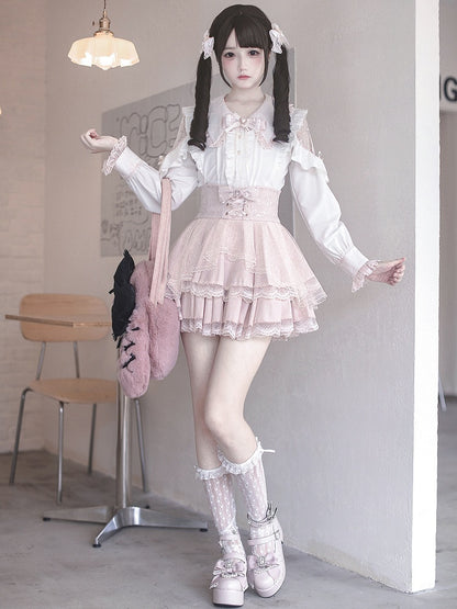 Jirai Cutouts Delicate with Blouse and Kei Sweetness White Pink Lace Flat Collar Pointed