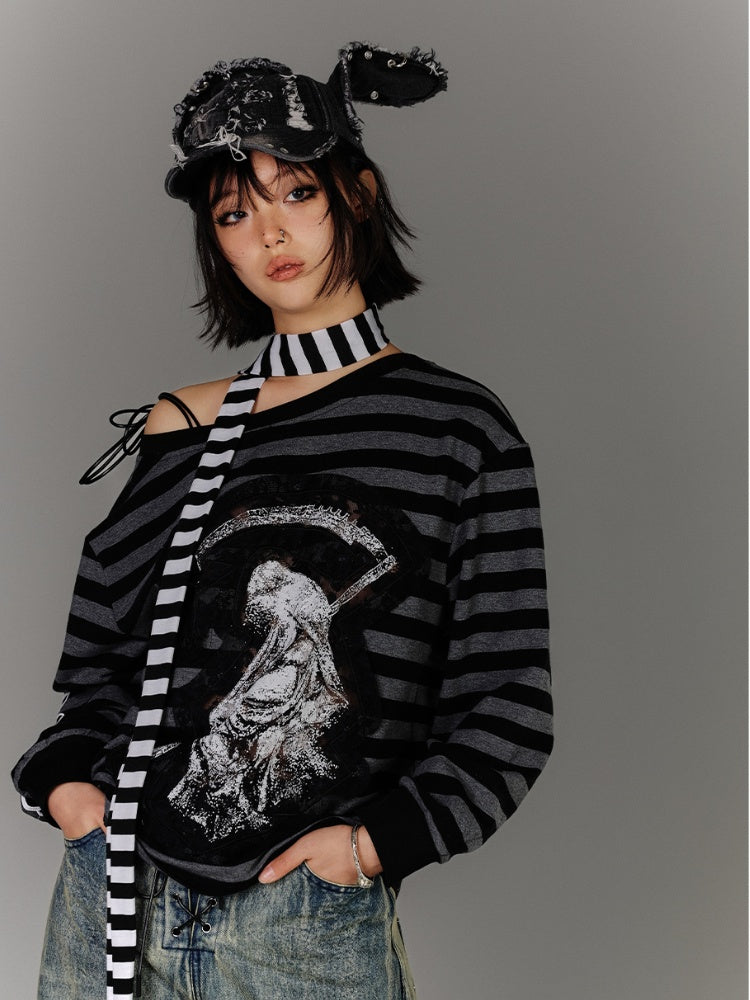 Schwarz-graues Streifen-Applikationsdesign, asymmetrischer Ausschnitt, Kordelzug, Punk-Top