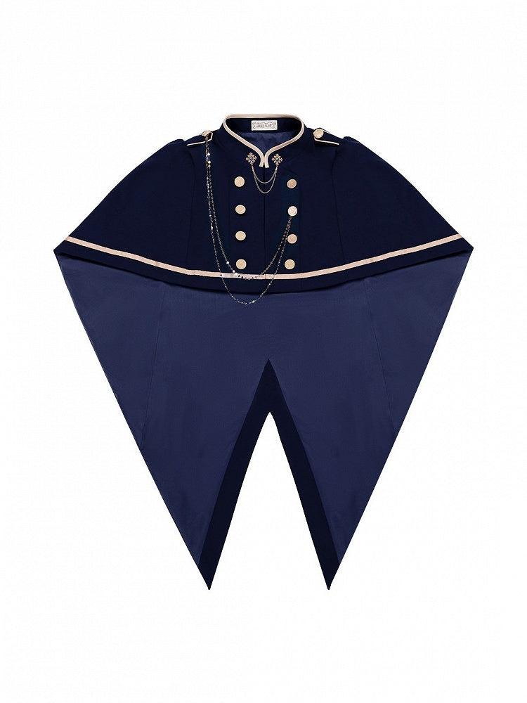Navy Ouji Lolita Cape Set with Shoulder Chain & Brooch, Layered Style - With PUJI