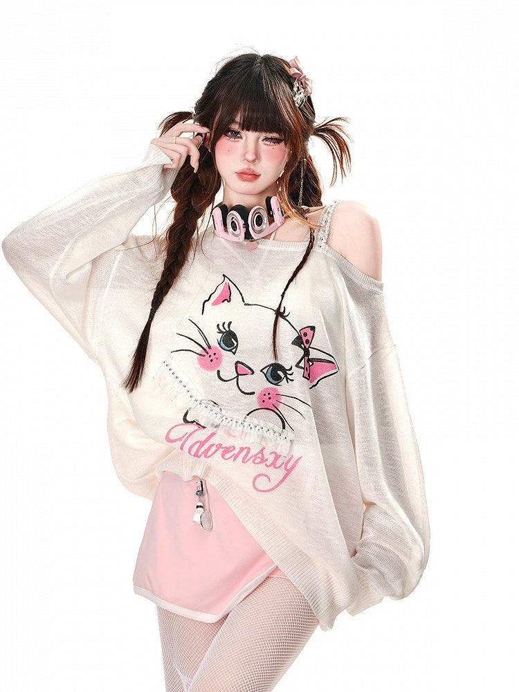 Sonnenschutz-Top mit asymmetrischem Ausschnitt und Kitty-Print, Weiß/Blau, halbtransparent