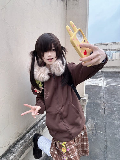 Necklace Fur-Collar Casual Starfish Anchor-Print Hoodie with Jirai Kei Zip Coffee