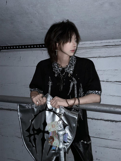 Print Y2K Patchwork Cross T-Shirt with Leopard and