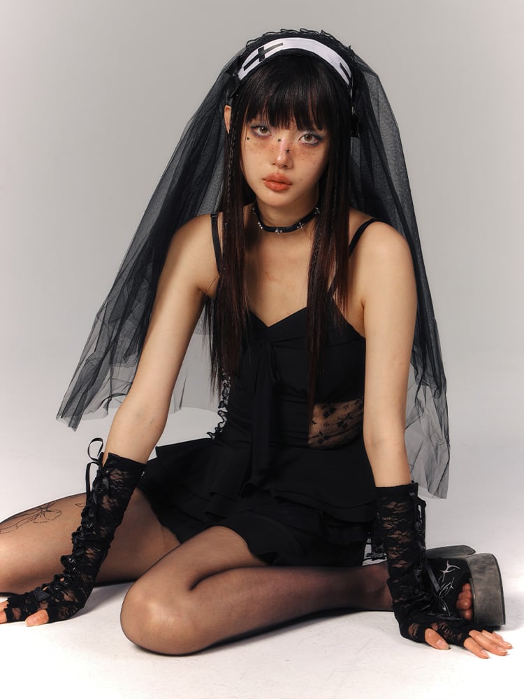 Short Tulle Black Floral Tiered Gothic with Dress Asymmetric Slip Hem Embroidery