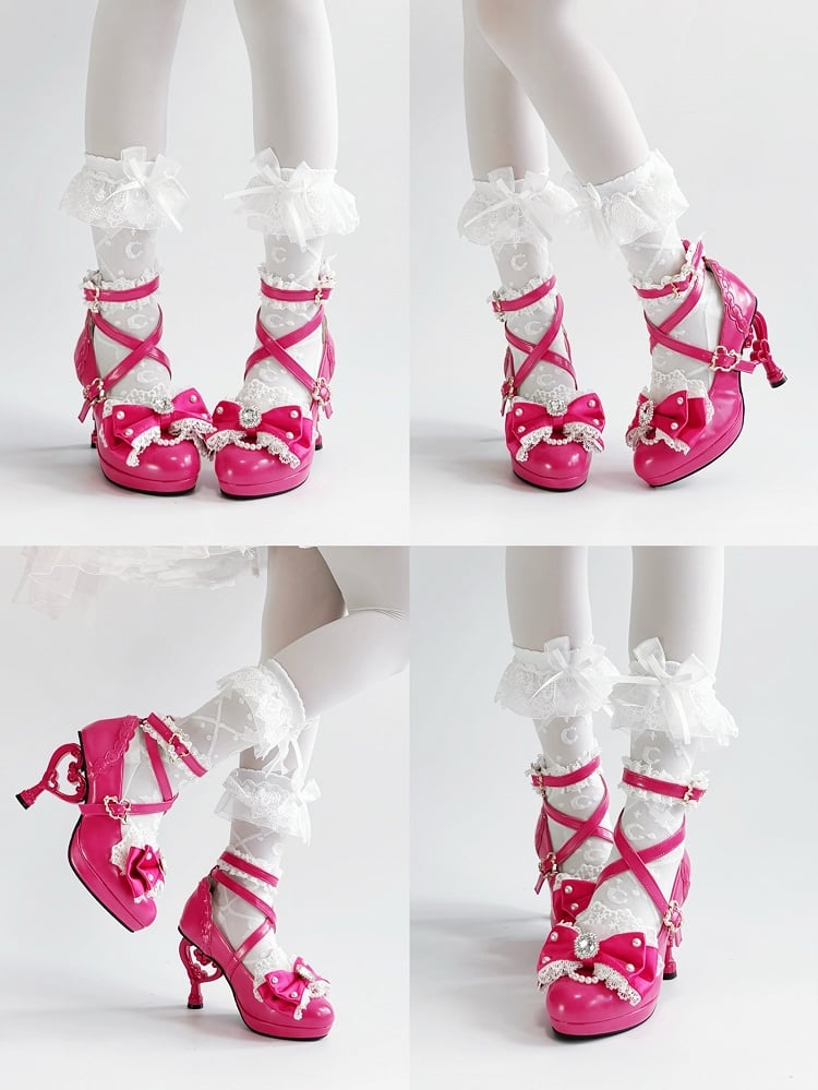 Rose High-heel Pink Crystal Janes Bow Sparkling Lolita Hime Mary with Beads - in