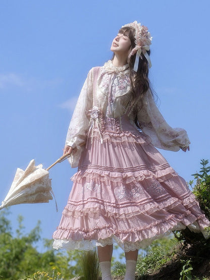 Sweet Purple Lolita JSK with Floral Embroidery & Ruffle Lace Trim - Luo Xiu Dong Xiang