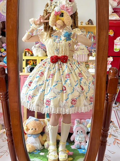 Smocked Cream One Lolita Bows Sweet and Piece Kitty Yellow Elastic Print Bodice