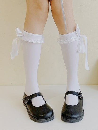 ホワイト/ブラック ロリータ リボン結び カーフソックス