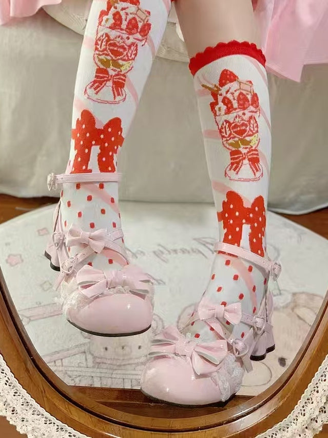 Heart - Sweet Design Mary Pink Kitten Lolita Mid-Heel Heel Janes Crisscross Snap with