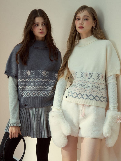 Short Pattern Sleeve Vintage with Gray Elegant Asymmetrical Sweater