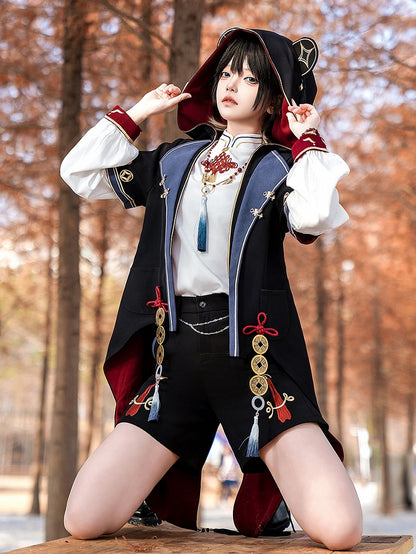 Black Ouji Fashion Chinoiserie Copper Coins Panda Ears Hooded Coat