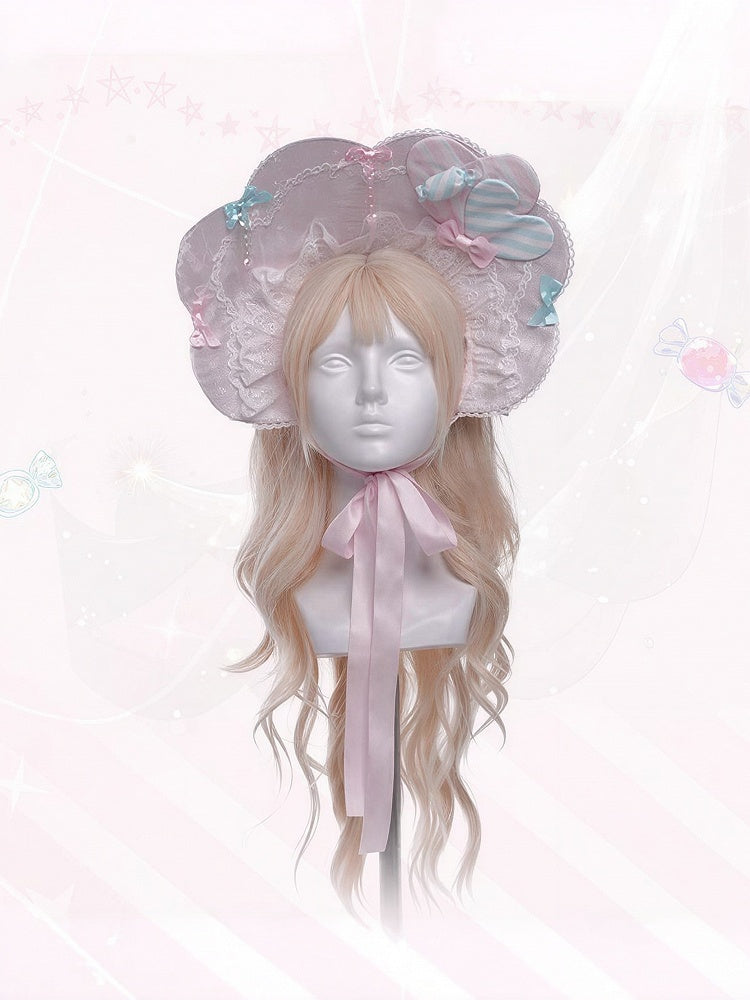 Pink & Blue Scalloped edge Sweet Lolita Bonnet with Heart-shaped Patches and Charms - Meng Fu Zi