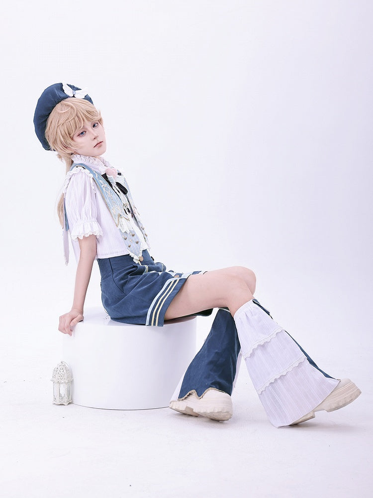 Detachable Lolita Ruffled Blue Shorts Ouji Shirt Set Warmers + Collar Dark Leg