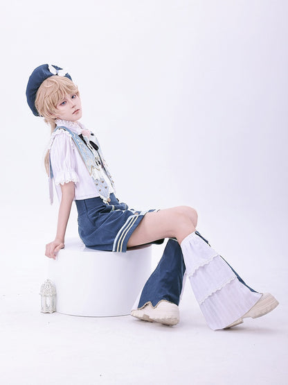 Detachable Lolita Ruffled Blue Shorts Ouji Shirt Set Warmers + Collar Dark Leg